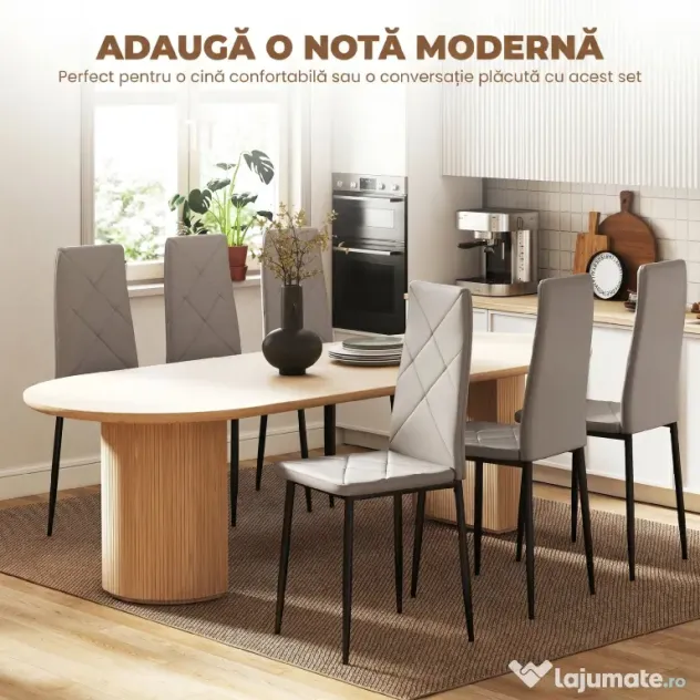 HOMCOM Set de 6 Scaune de Sufragerie, cu Spătar Înalt cu Cusături Tip Romb din Piele Ecologică și Oțel, 41x50x97 cm, Gri | Aosom Romania