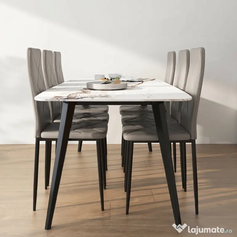 HOMCOM Set de 6 Scaune de Sufragerie, cu Spătar Înalt cu Cusături Tip Romb din Piele Ecologică și Oțel, 41x50x97 cm, Gri | Aosom Romania