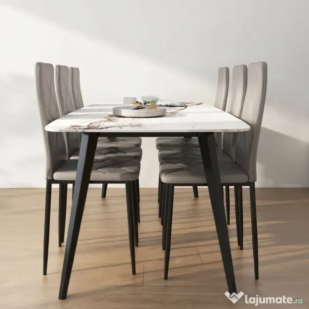 HOMCOM Set de 6 Scaune de Sufragerie, cu Spătar Înalt cu Cusături Tip Romb din Piele Ecologică și Oțel, 41x50x97 cm, Gri | Aosom Romania