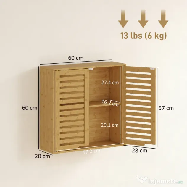 HOMCOM Dulap de Baie cu Raft Intern Reglabil și Uși Tip Lamă, din Bambus, 60x20x60 cm, Culoare Lemn | Aosom Romania