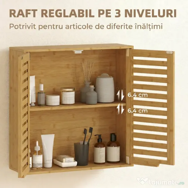 HOMCOM Dulap de Baie cu Raft Intern Reglabil și Uși Tip Lamă, din Bambus, 60x20x60 cm, Culoare Lemn | Aosom Romania