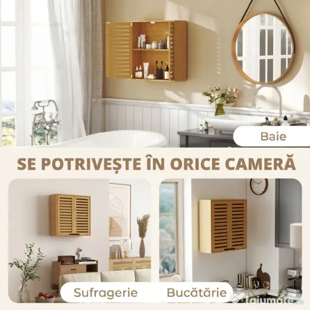 HOMCOM Dulap de Baie cu Raft Intern Reglabil și Uși Tip Lamă, din Bambus, 60x20x60 cm, Culoare Lemn | Aosom Romania