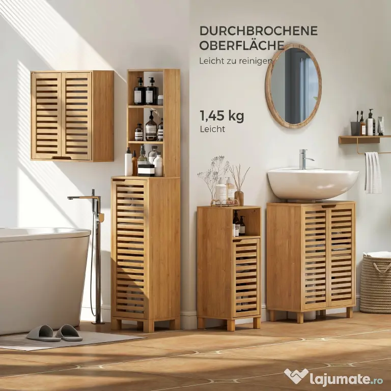 HOMCOM Dulap de Baie cu Raft Intern Reglabil și Uși Tip Lamă, din Bambus, 60x20x60 cm, Culoare Lemn | Aosom Romania