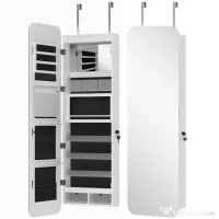 HOMCOM Dulap pentru Bijuterii Montabil pe Perete cu Oglindă Internă și LED-uri, Înălțime 120 cm, Economisire Spațiu, Sertare, Încuietoare și Cheie, Poliță Rabatabilă, Alb și Negru | Aosom Romania