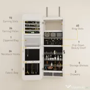 HOMCOM Dulap pentru Bijuterii Montabil pe Perete cu Oglindă Internă și LED-uri, Înălțime 120 cm, Economisire Spațiu, Sertare, Încuietoare și Cheie, Poliță Rabatabilă, Alb și Negru | Aosom Romania