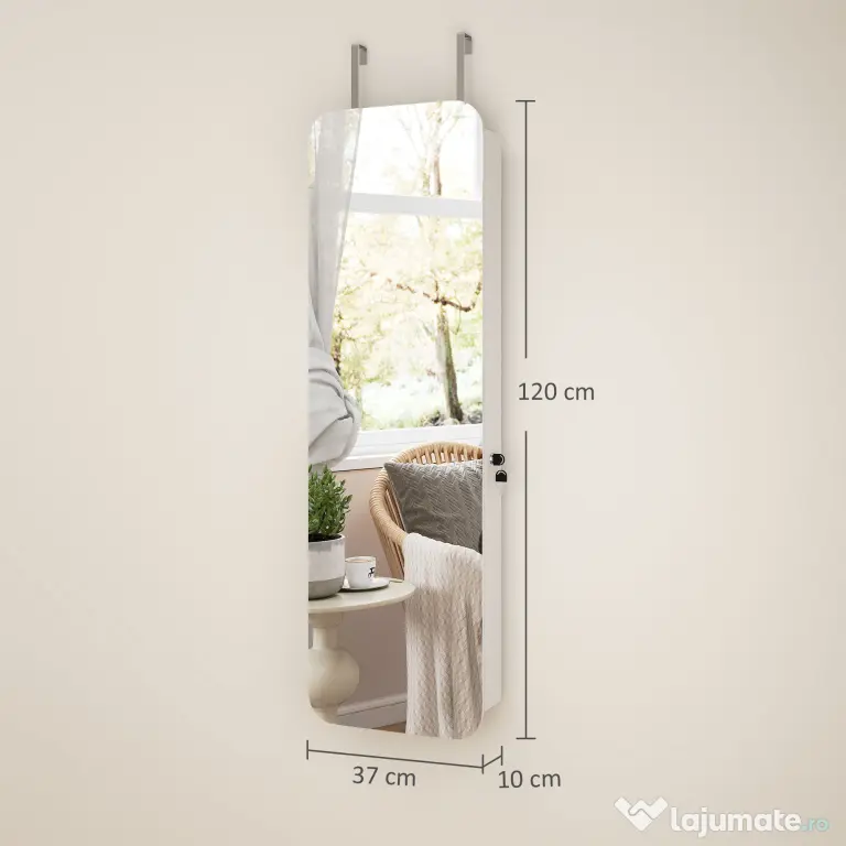 HOMCOM Dulap pentru Bijuterii Montat pe Perete cu Oglindă Internă și LED-uri, Înălțime 120 cm, Economisire Spațiu pentru Ușă, cu Sertare, Încuietoare și Cheie, Raft Pliabil, Alb și Negru