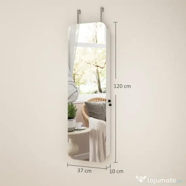 HOMCOM Dulap pentru Bijuterii Montat pe Perete cu Oglindă Internă și LED-uri, Înălțime 120 cm, Economisire Spațiu pentru Ușă, cu Sertare, Încuietoare și Cheie, Raft Pliabil, Alb și Negru