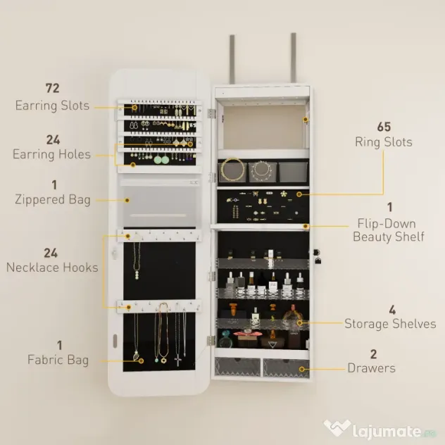 HOMCOM Dulap pentru Bijuterii Montat pe Perete cu Oglindă Internă și LED-uri, Înălțime 120 cm, Economisire Spațiu pentru Ușă, cu Sertare, Încuietoare și Cheie, Raft Pliabil, Alb și Negru