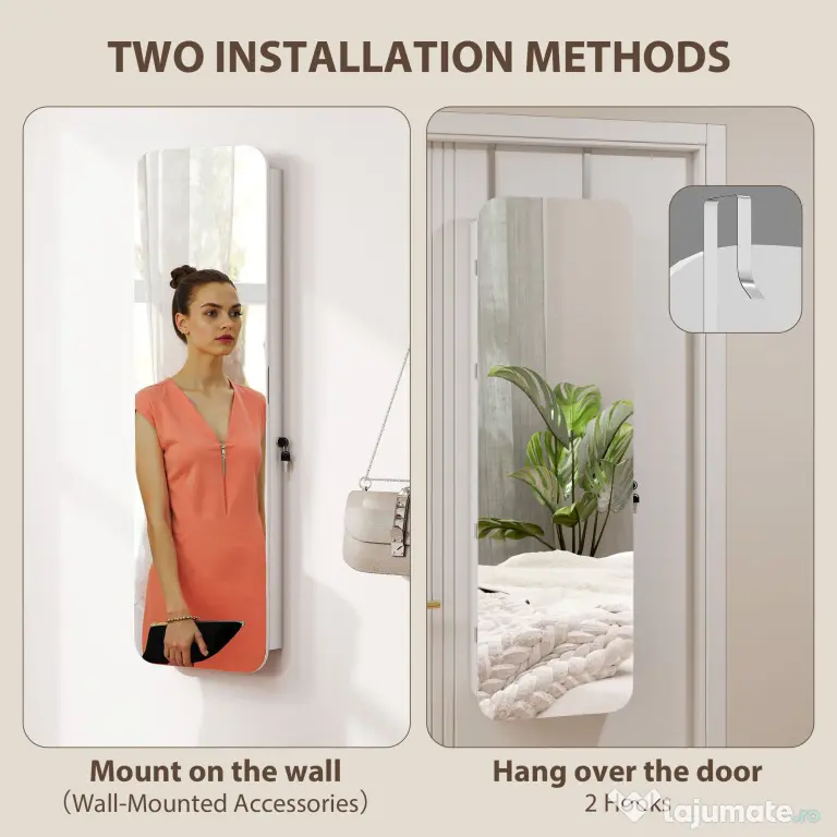 HOMCOM Dulap pentru Bijuterii Montat pe Perete cu Oglindă Internă și LED-uri, Înălțime 120 cm, Economisire Spațiu pentru Ușă, cu Sertare, Încuietoare și Cheie, Raft Pliabil, Alb și Negru