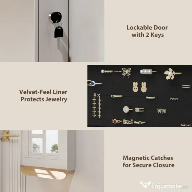 HOMCOM Dulap pentru Bijuterii Montat pe Perete cu Oglindă Internă și LED-uri, Înălțime 120 cm, Economisire Spațiu pentru Ușă, cu Sertare, Încuietoare și Cheie, Raft Pliabil, Alb și Negru