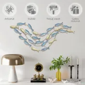 HOMCOM Artă de Perete Banc de Pești din Metal cu Șuruburi Incluse, 99,7x3,8x50,2 cm, Auriu și Albastru 
