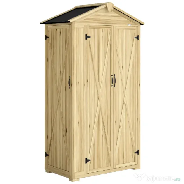 Outsunny Dulap de Grădină Căsuță pentru Unelte cu 3 Uși 93x53x168 cm Lemn Natural | Aosom Romania