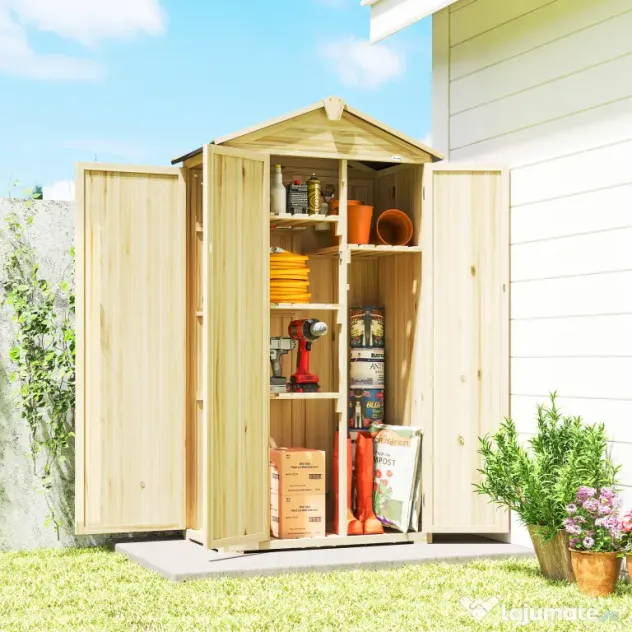 Outsunny Dulap de Grădină Căsuță pentru Unelte cu 3 Uși 93x53x168 cm Lemn Natural | Aosom Romania