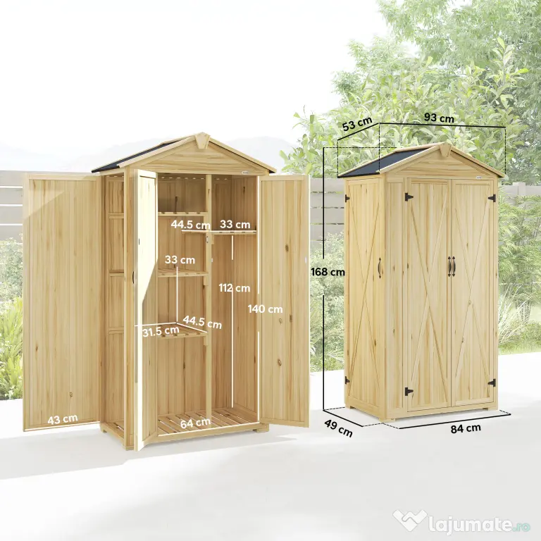 Outsunny Dulap de Grădină Căsuță pentru Unelte cu 3 Uși 93x53x168 cm Lemn Natural | Aosom Romania