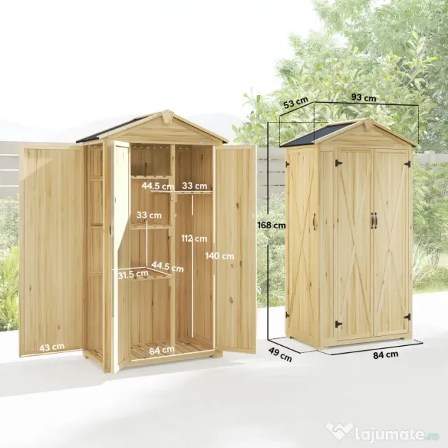 Outsunny Dulap de Grădină Căsuță pentru Unelte cu 3 Uși 93x53x168 cm Lemn Natural | Aosom Romania