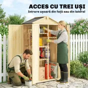 Outsunny Dulap de Grădină Căsuță pentru Unelte cu 3 Uși 93x53x168 cm Lemn Natural | Aosom Romania 