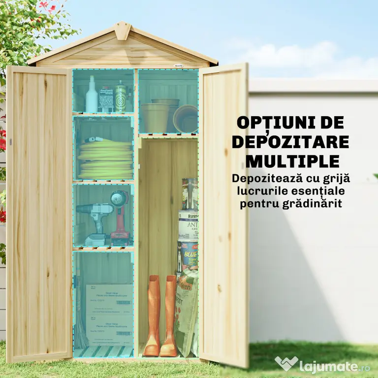 Outsunny Dulap de Grădină Căsuță pentru Unelte cu 3 Uși 93x53x168 cm Lemn Natural | Aosom Romania