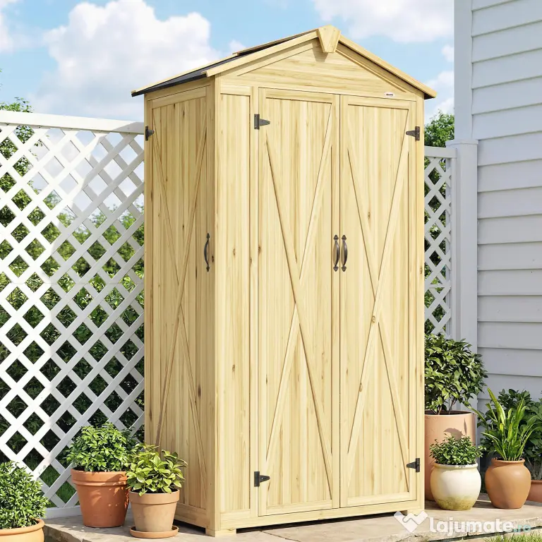 Outsunny Dulap de Grădină Căsuță pentru Unelte cu 3 Uși 93x53x168 cm Lemn Natural | Aosom Romania