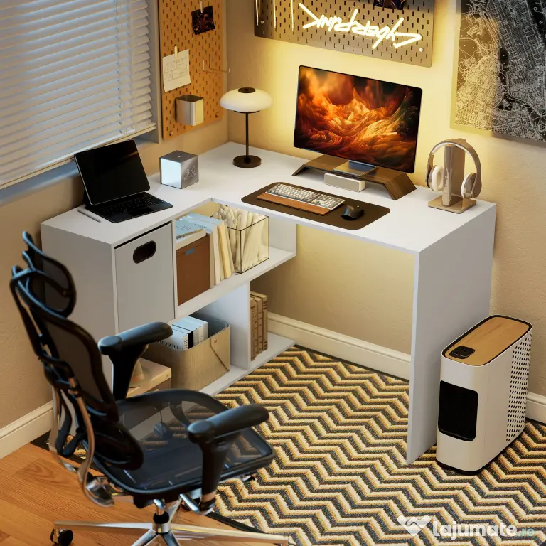 HOMCOM Birou Colțar pentru Computer, 110x100 cm, Birou în Formă de L cu Raft și Sertar din Material Textil, Masă pentru PC pentru Dormitor, Birou și Studio, Alb | Aosom Romania