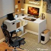 HOMCOM Birou Colțar pentru Computer, 110x100 cm, Birou în Formă de L cu Raft și Sertar din Material Textil, Masă pentru PC pentru Dormitor, Birou și Studio, Alb | Aosom Romania 