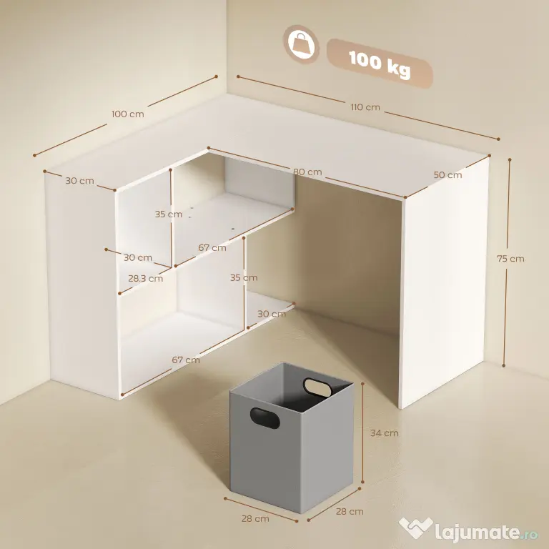 HOMCOM Birou Colțar pentru Computer, 110x100 cm, Birou în Formă de L cu Raft și Sertar din Material Textil, Masă pentru PC pentru Dormitor, Birou și Studio, Alb | Aosom Romania