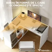 HOMCOM Birou Colțar pentru Computer, 110x100 cm, Birou în Formă de L cu Raft și Sertar din Material Textil, Masă pentru PC pentru Dormitor, Birou și Studio, Alb | Aosom Romania 