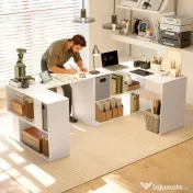 HOMCOM Birou Colțar pentru Computer, 110x100 cm, Birou în Formă de L cu Raft și Sertar din Material Textil, Masă pentru PC pentru Dormitor, Birou și Studio, Alb | Aosom Romania 