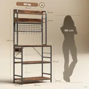 HOMCOM Raft de Bucătărie cu Prize și Rafturi Reglabile, Raft pentru Cuptor cu Microunde cu 5 Niveluri, Panou cu Grilaj și 10 Cârlige, Mobilier Vintage Structură din Oțel, 80x40x170 cm, Maro Rustic | Aosom Romania 