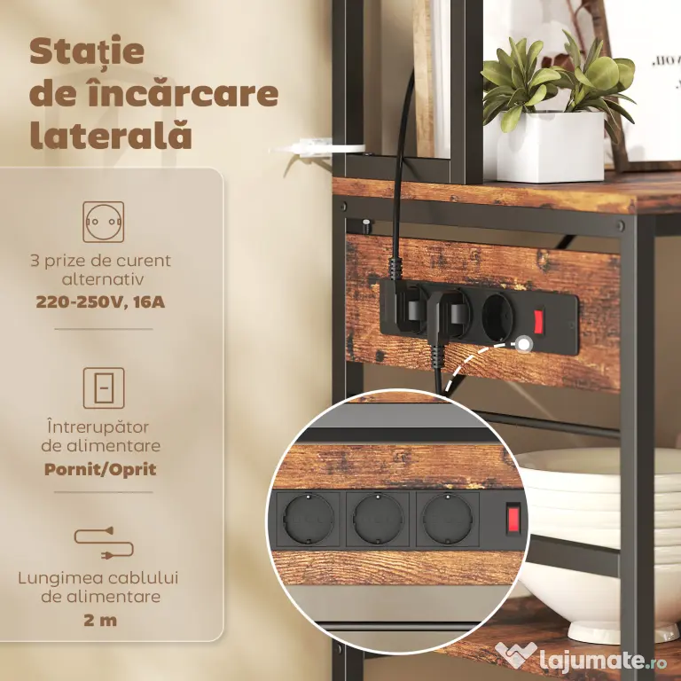 HOMCOM Raft de Bucătărie cu Prize și Rafturi Reglabile, Raft pentru Cuptor cu Microunde cu 5 Niveluri, Panou cu Grilaj și 10 Cârlige, Mobilier Vintage Structură din Oțel, 80x40x170 cm, Maro Rustic | Aosom Romania