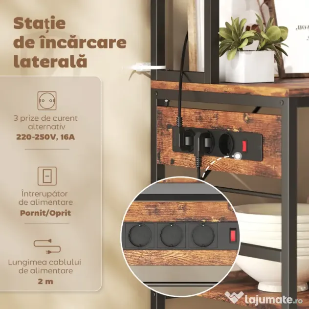 HOMCOM Raft de Bucătărie cu Prize și Rafturi Reglabile, Raft pentru Cuptor cu Microunde cu 5 Niveluri, Panou cu Grilaj și 10 Cârlige, Mobilier Vintage Structură din Oțel, 80x40x170 cm, Maro Rustic | Aosom Romania
