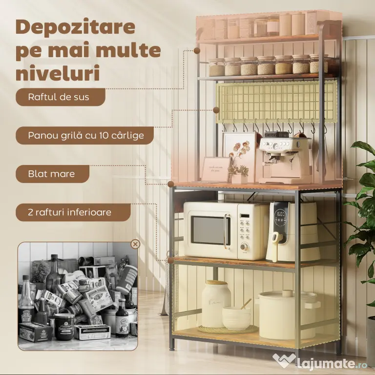 HOMCOM Raft de Bucătărie cu Prize și Rafturi Reglabile, Raft pentru Cuptor cu Microunde cu 5 Niveluri, Panou cu Grilaj și 10 Cârlige, Mobilier Vintage Structură din Oțel, 80x40x170 cm, Maro Rustic | Aosom Romania