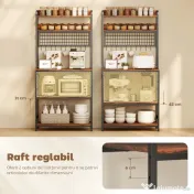 HOMCOM Raft de Bucătărie cu Prize și Rafturi Reglabile, Raft pentru Cuptor cu Microunde cu 5 Niveluri, Panou cu Grilaj și 10 Cârlige, Mobilier Vintage Structură din Oțel, 80x40x170 cm, Maro Rustic | Aosom Romania 