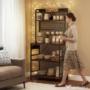 HOMCOM Raft de Bucătărie cu Prize și Rafturi Reglabile, Raft pentru Cuptor cu Microunde cu 5 Niveluri, Panou cu Grilaj și 10 Cârlige, Mobilier Vintage Structură din Oțel, 80x40x170 cm, Maro Rustic | Aosom Romania 