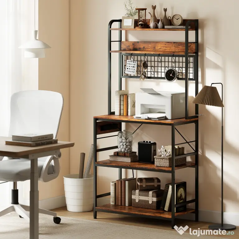HOMCOM Raft de Bucătărie cu Prize și Rafturi Reglabile, Raft pentru Cuptor cu Microunde cu 5 Niveluri, Panou cu Grilaj și 10 Cârlige, Mobilier Vintage Structură din Oțel, 80x40x170 cm, Maro Rustic | Aosom Romania