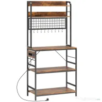 HOMCOM Raft de Bucătărie cu Stație de Alimentare și Rafturi Reglabile, Raft pentru Cuptor cu Microunde 5 Nivele cu Panou de Grilaj și 10 Cârlige, Dulap Vintage Structură din Oțel, 80x40x170 cm, Maro Rustic