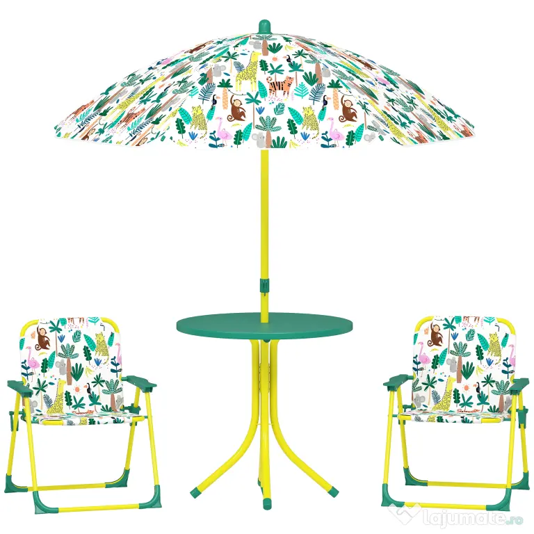 AIYAPLAY Masă de Picnic pentru Copii, Set Masă și Două Scaune Pliabile cu Umbrelă Demontabilă, Tematică Jungle, Mobilier de Exterior pentru Grădină, Terasă, Verde | Aosom Romania