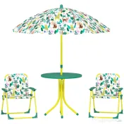 AIYAPLAY Masă de Picnic pentru Copii, Set Masă și Două Scaune Pliabile cu Umbrelă Demontabilă, Tematică Jungle, Mobilier de Exterior pentru Grădină, Terasă, Verde | Aosom Romania 