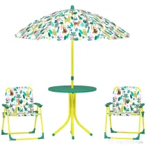 AIYAPLAY Masă de Picnic pentru Copii, Set Masă și Două Scaune Pliabile cu Umbrelă Demontabilă, Tematică Jungle, Mobilier de Exterior pentru Grădină, Terasă, Verde | Aosom Romania