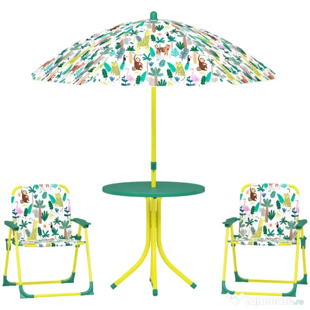 AIYAPLAY Masă de Picnic pentru Copii, Set Masă și Două Scaune Pliabile cu Umbrelă Demontabilă, Tematică Jungle, Mobilier de Exterior pentru Grădină, Terasă, Verde | Aosom Romania