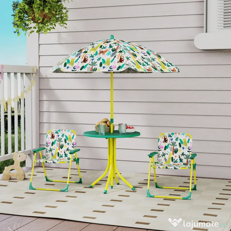 AIYAPLAY Masă de Picnic pentru Copii, Set Masă și Două Scaune Pliabile cu Umbrelă Demontabilă, Tematică Jungle, Mobilier de Exterior pentru Grădină, Terasă, Verde | Aosom Romania