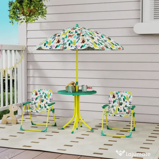 AIYAPLAY Masă de Picnic pentru Copii, Set Masă și Două Scaune Pliabile cu Umbrelă Demontabilă, Tematică Jungle, Mobilier de Exterior pentru Grădină, Terasă, Verde | Aosom Romania