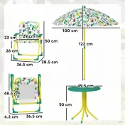 AIYAPLAY Masă de Picnic pentru Copii, Set Masă și Două Scaune Pliabile cu Umbrelă Demontabilă, Tematică Jungle, Mobilier de Exterior pentru Grădină, Terasă, Verde | Aosom Romania 