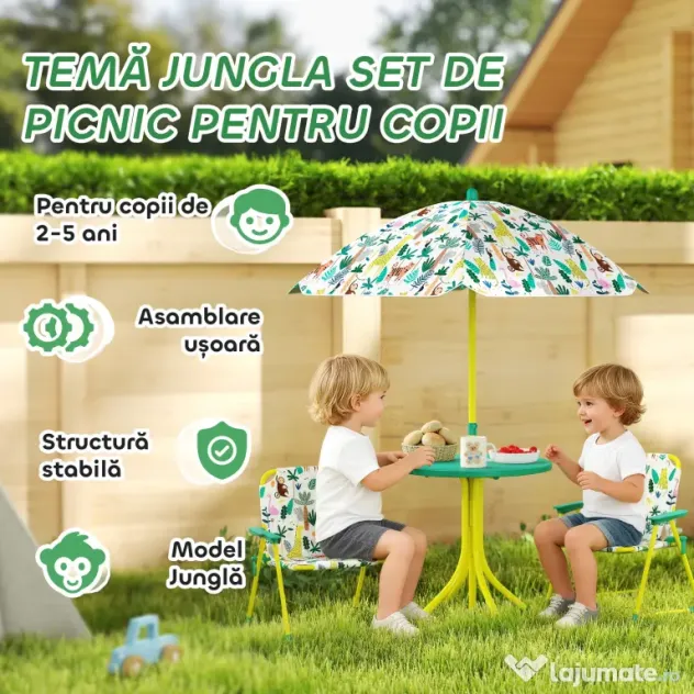 AIYAPLAY Masă de Picnic pentru Copii, Set Masă și Două Scaune Pliabile cu Umbrelă Demontabilă, Tematică Jungle, Mobilier de Exterior pentru Grădină, Terasă, Verde | Aosom Romania