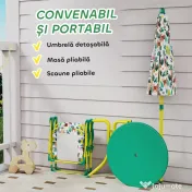 AIYAPLAY Masă de Picnic pentru Copii, Set Masă și Două Scaune Pliabile cu Umbrelă Demontabilă, Tematică Jungle, Mobilier de Exterior pentru Grădină, Terasă, Verde | Aosom Romania 