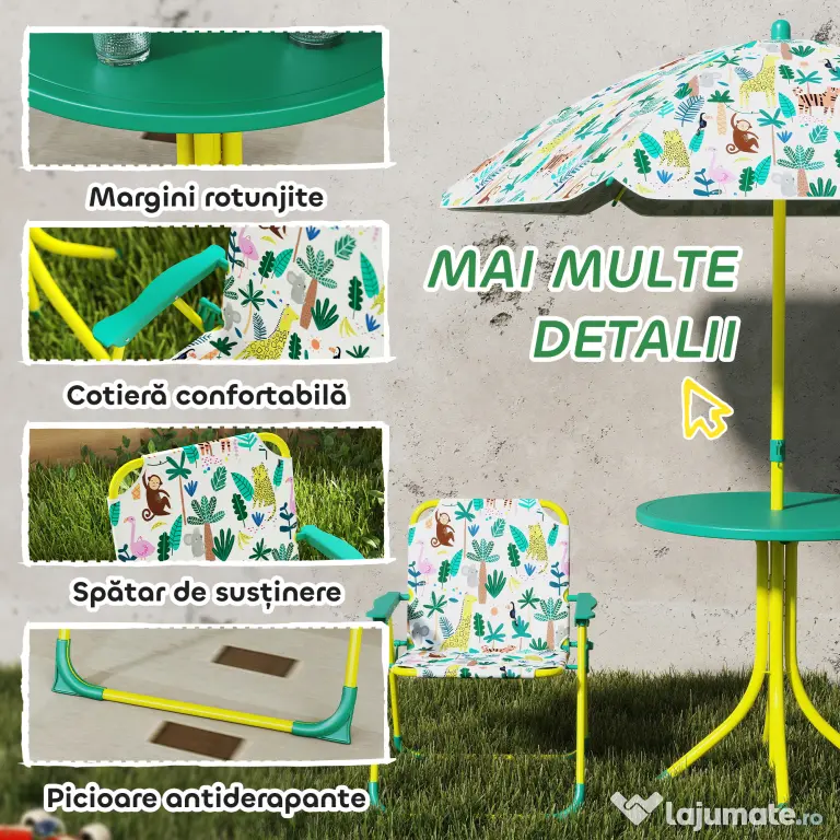 AIYAPLAY Masă de Picnic pentru Copii, Set Masă și Două Scaune Pliabile cu Umbrelă Demontabilă, Tematică Jungle, Mobilier de Exterior pentru Grădină, Terasă, Verde | Aosom Romania