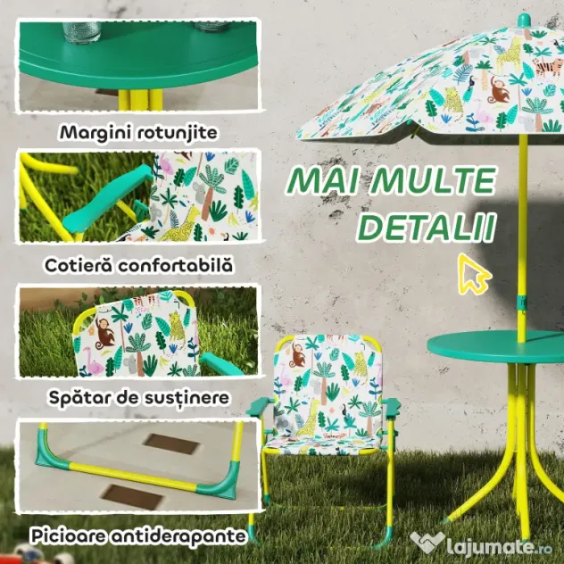 AIYAPLAY Masă de Picnic pentru Copii, Set Masă și Două Scaune Pliabile cu Umbrelă Demontabilă, Tematică Jungle, Mobilier de Exterior pentru Grădină, Terasă, Verde | Aosom Romania