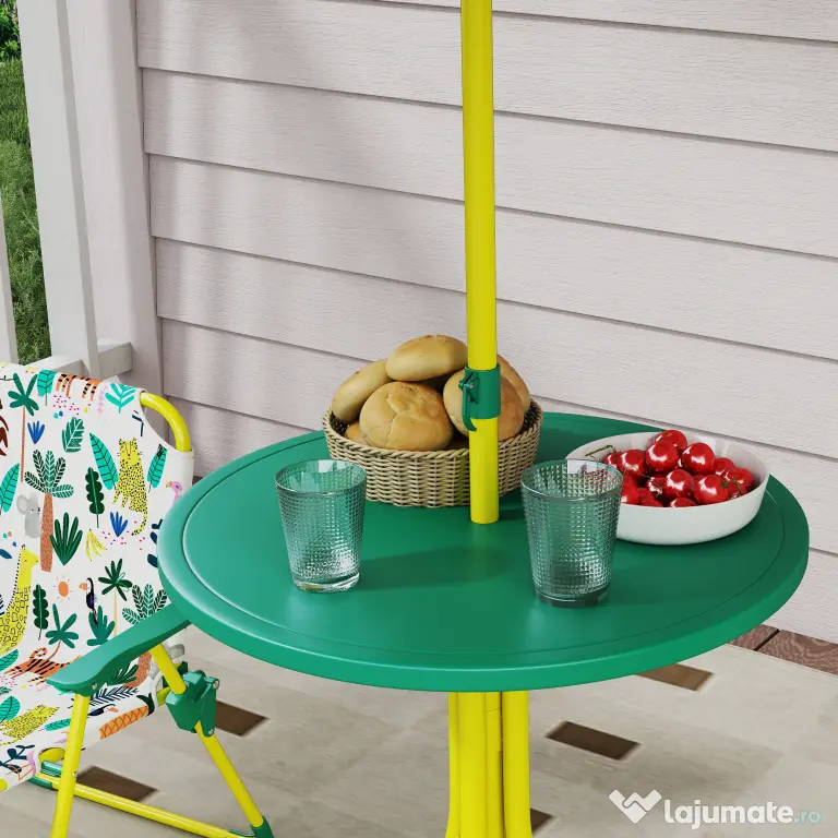 AIYAPLAY Masă de Picnic pentru Copii, Set Masă și Două Scaune Pliabile cu Umbrelă Demontabilă, Tematică Jungle, Mobilier de Exterior pentru Grădină, Terasă, Verde | Aosom Romania