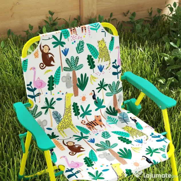 AIYAPLAY Masă de Picnic pentru Copii, Set Masă și Două Scaune Pliabile cu Umbrelă Demontabilă, Tematică Jungle, Mobilier de Exterior pentru Grădină, Terasă, Verde | Aosom Romania