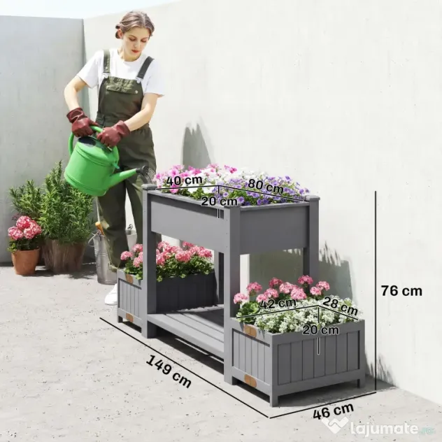 Outsunny Strat Înălțat pentru Grădină, Jardinieră cu Raft, 149x46x76cm, Gri | Aosom Romania