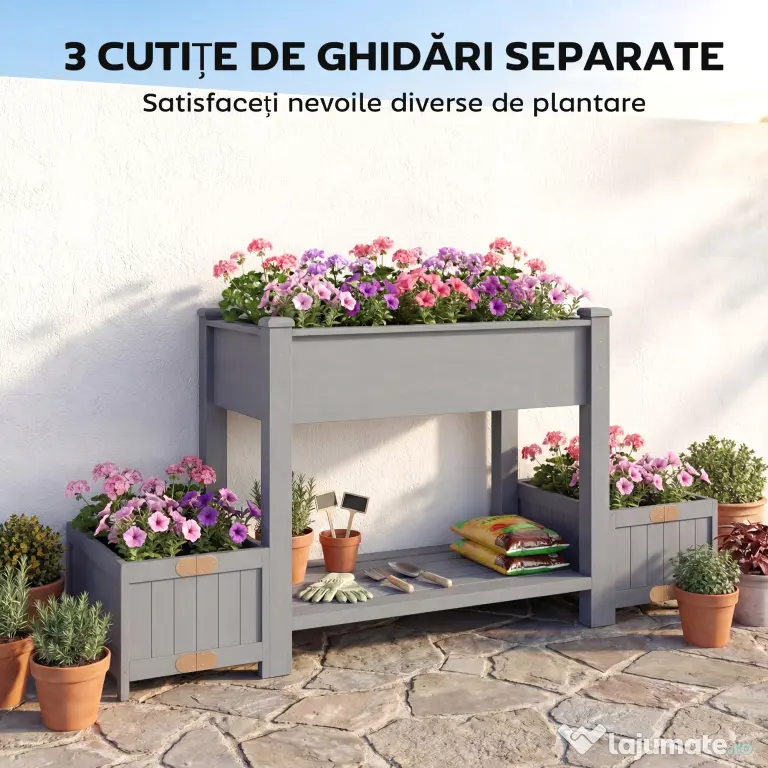 Outsunny Strat Înălțat pentru Grădină, Jardinieră cu Raft, 149x46x76cm, Gri | Aosom Romania